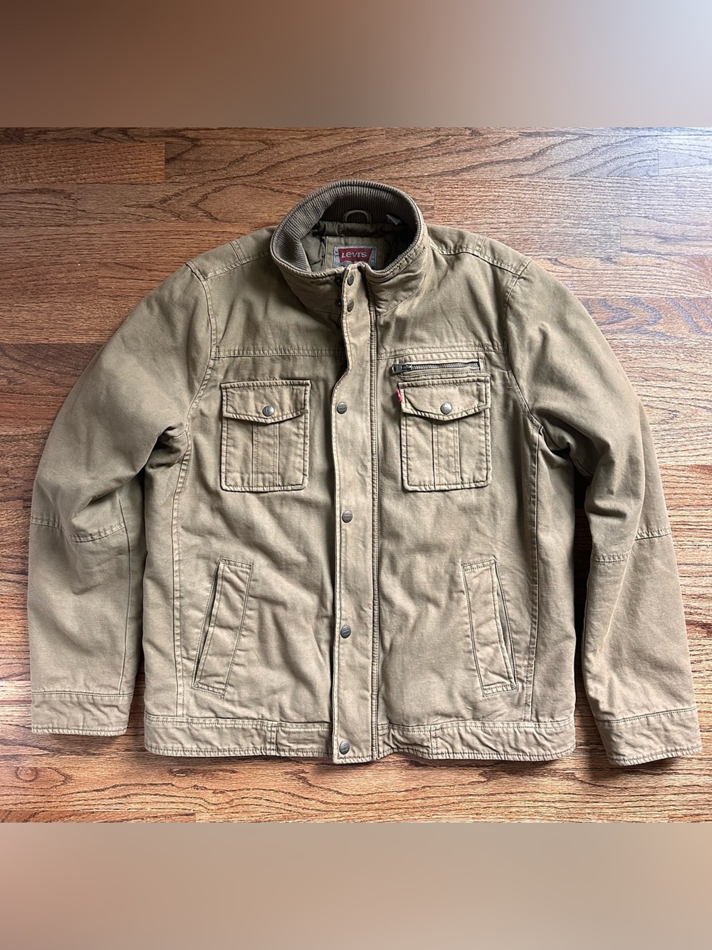 Levi's Jacket Mens Lg Brown Khaki Canvas Workwear Canvas Lined Zip Snap Storm